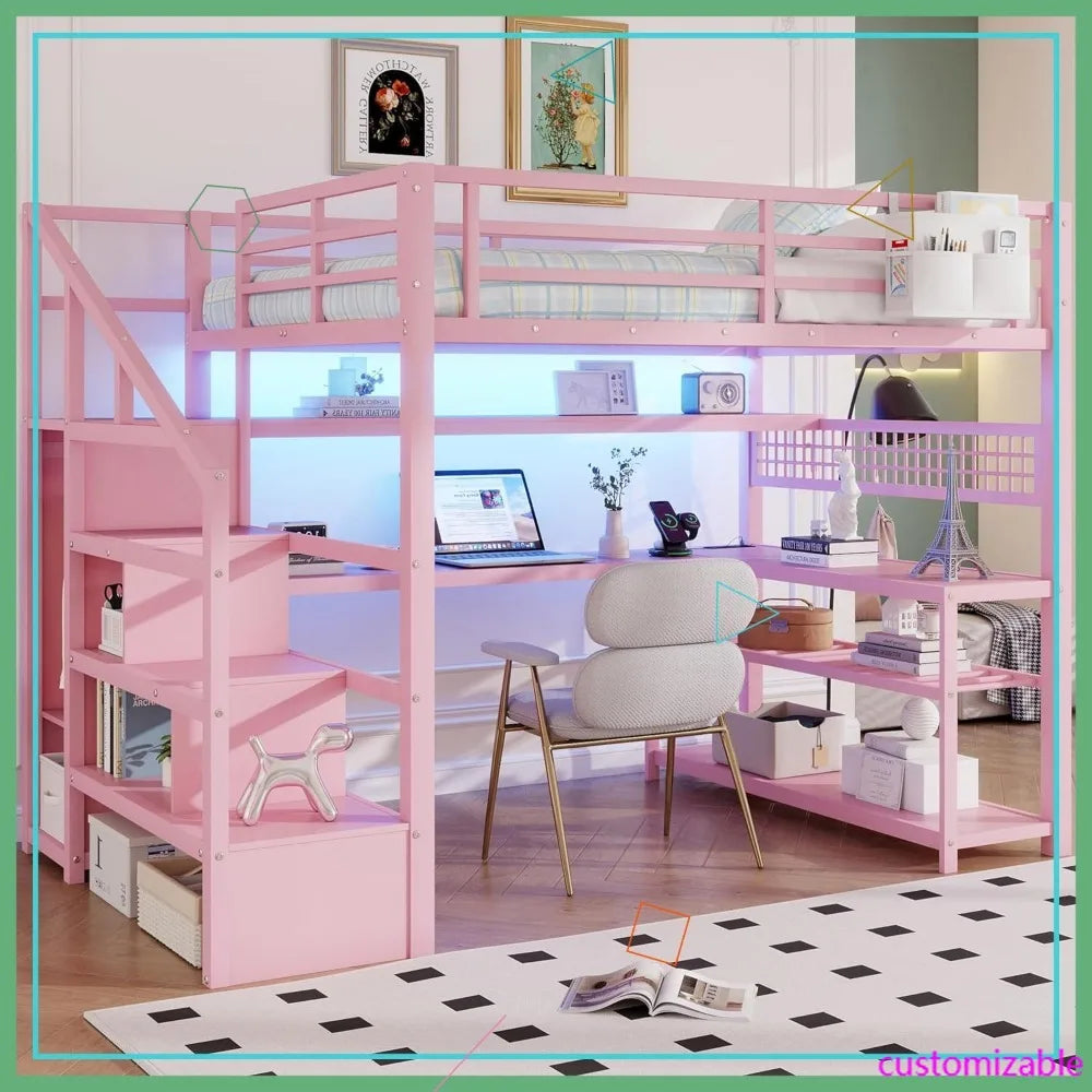 Loft Bed With Stairs And Desk Storage And Charging Station