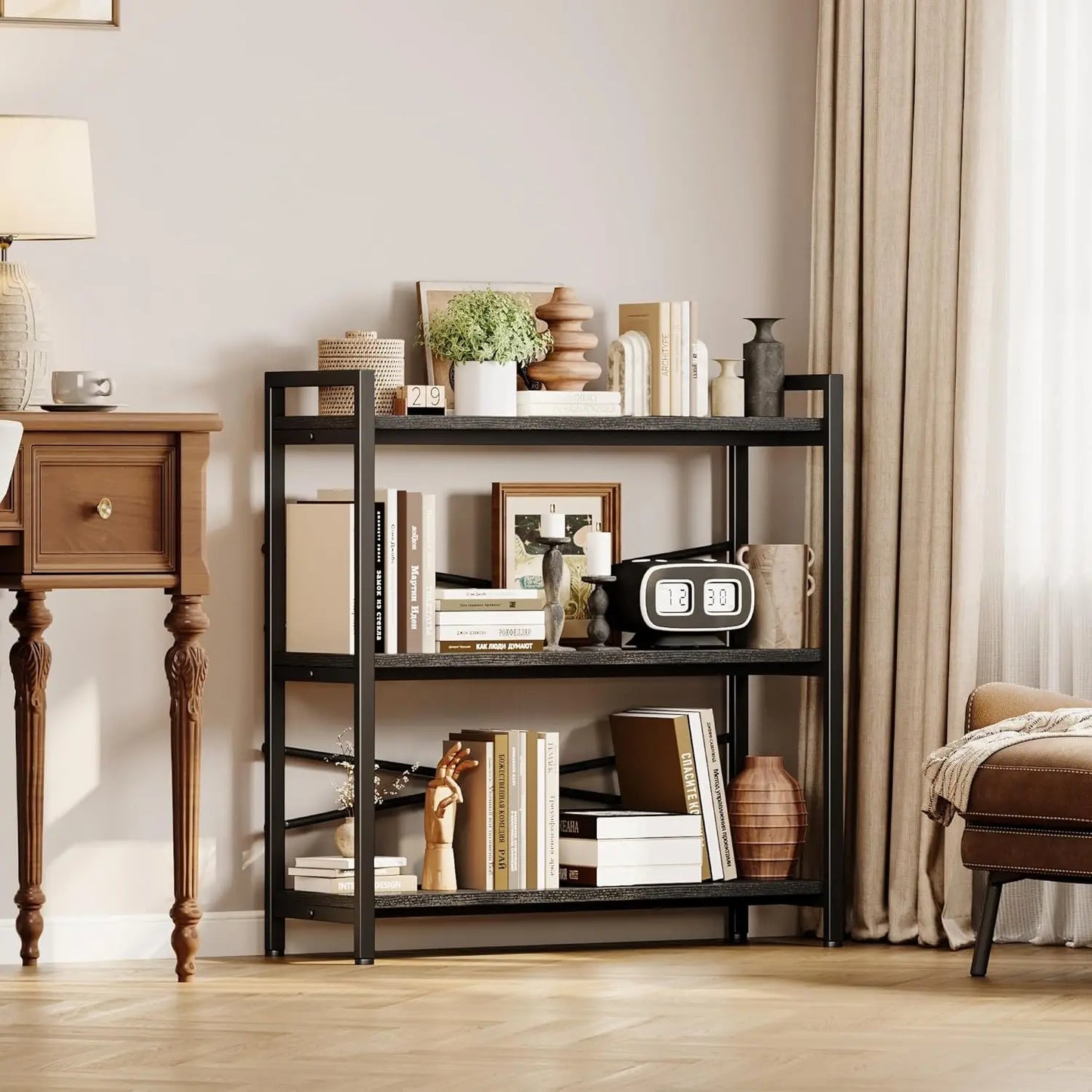 3 Tier Wooden Metal Industrial Bookcase For Living Room Office