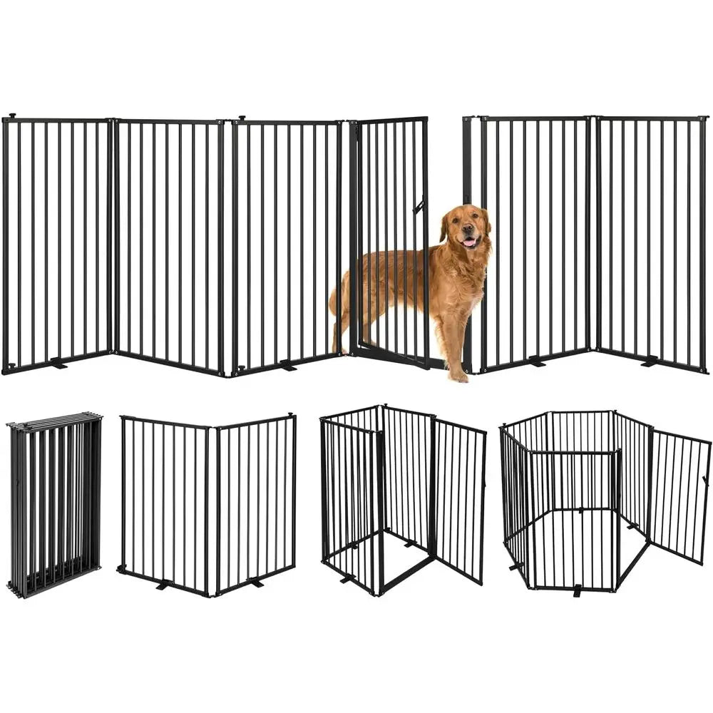 Six-Panel Metal Freestanding Dog Gate With Door And Detachable Panels
