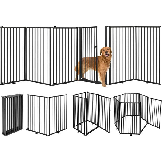 Six-Panel Metal Freestanding Dog Gate With Door And Detachable Panels