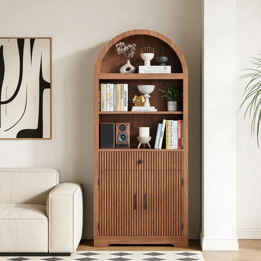 Farmhouse Arched Bookshelf 5-Tier Cabinet With Door