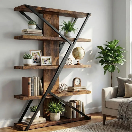 Industrial Rustic 5-Tier Wood and Metal Bookshelf Display
