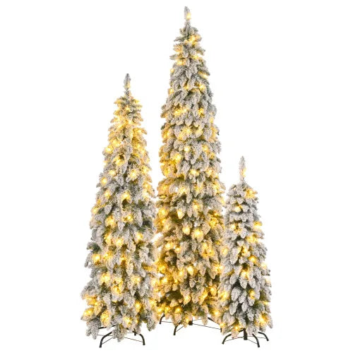 Slim Pencil Christmas Trees Set Of 3 Pre Lit With Snow Flocking