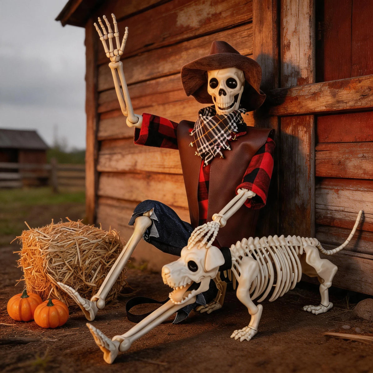 Posable Halloween Skeleton And Dog Outdoor Cowboy Decorations