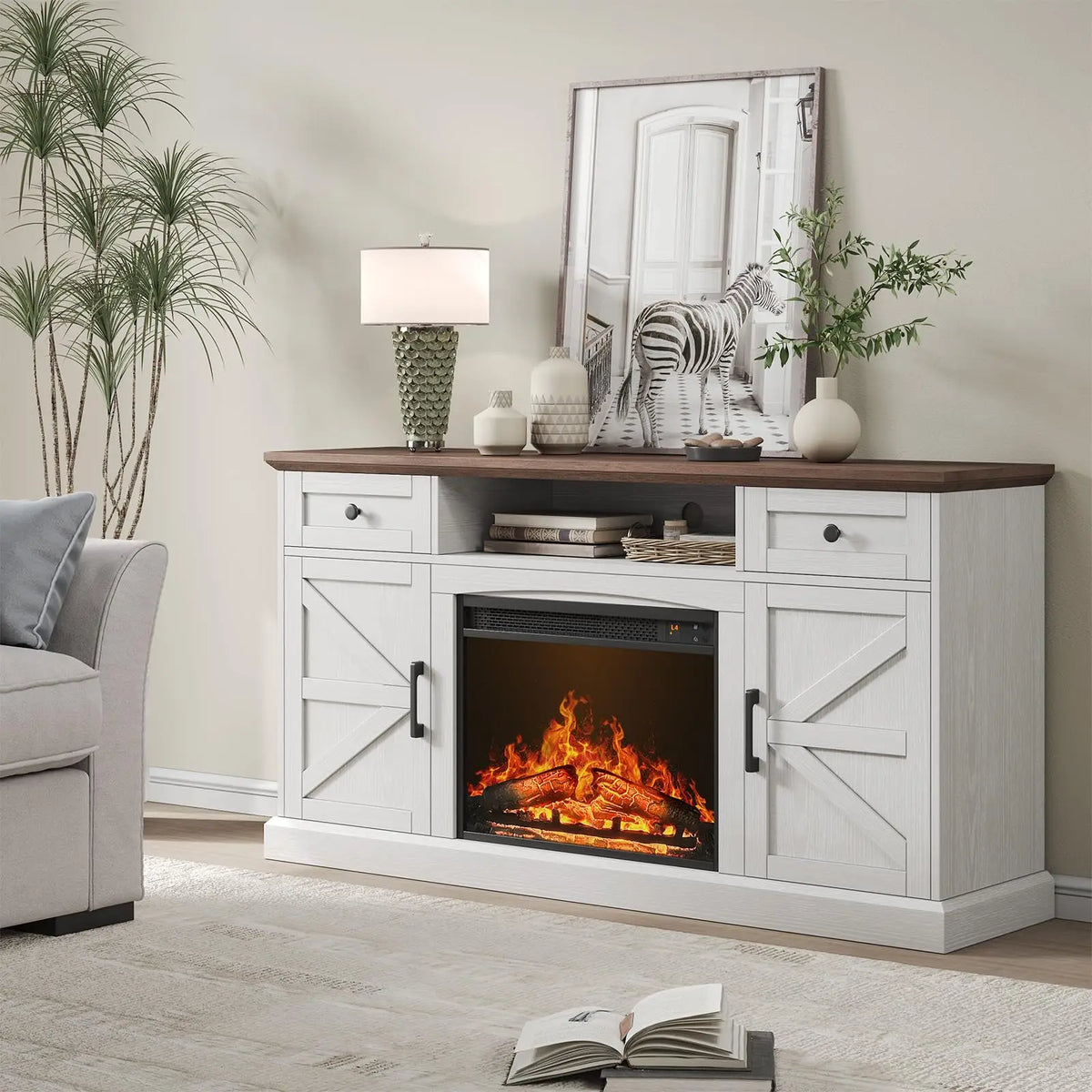 ONBRILL Farmhouse TV Stand With Electric Fireplace And Storage