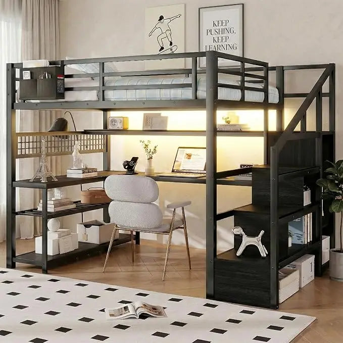 Loft Bed With Stairs And Desk Storage And Charging Station