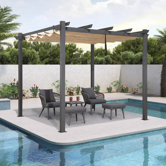 Outdoor Retractable Pergola With Sun Shade Canopy Aluminum Frame