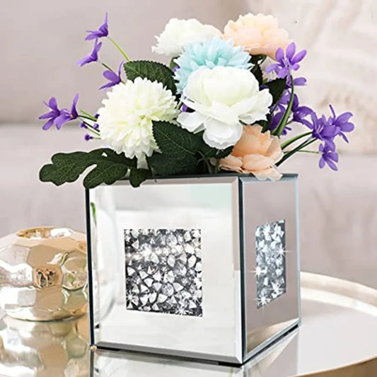 Crushed Diamond Mirrored Vase Crystal Glass Decorative Accent