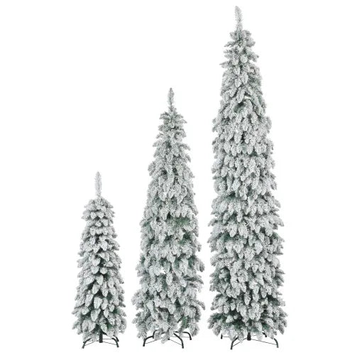 Slim Pencil Christmas Trees Set Of 3 Pre Lit With Snow Flocking
