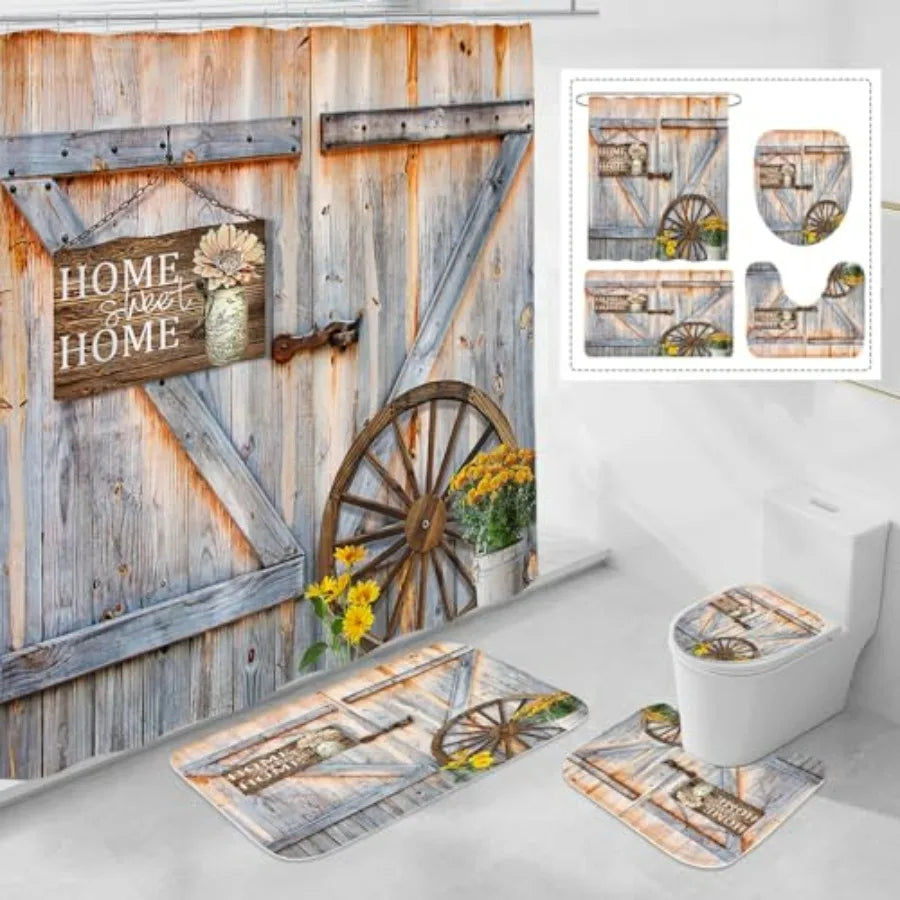 Rustic Farmhouse Shower Curtain Set With Bath Mat And Rugs