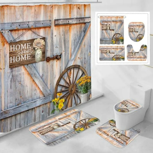 Rustic Farmhouse Shower Curtain Set With Bath Mat And Rugs