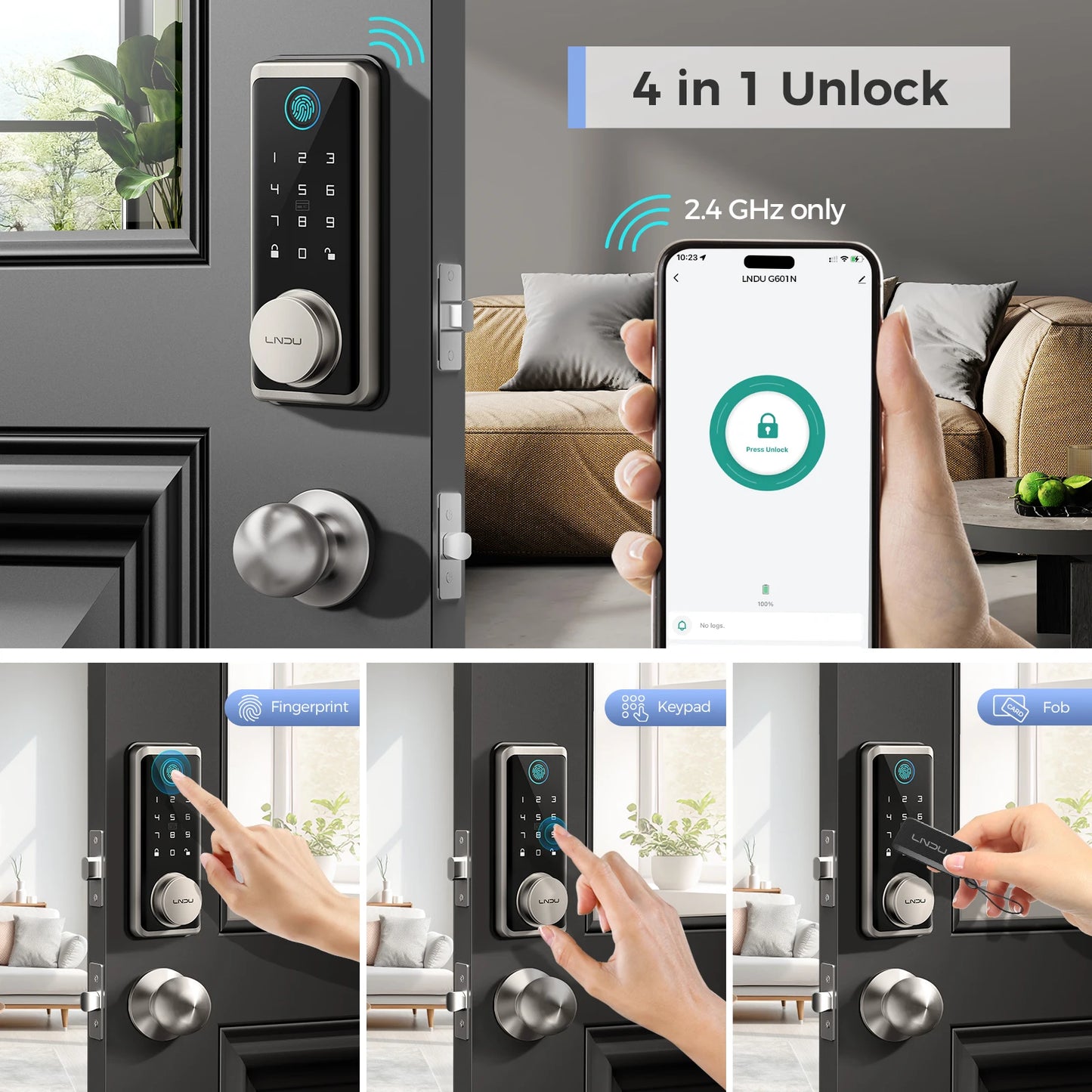 LNDU G601N Smart Lock With 360° Fingerprint Fob Unlock WiFi