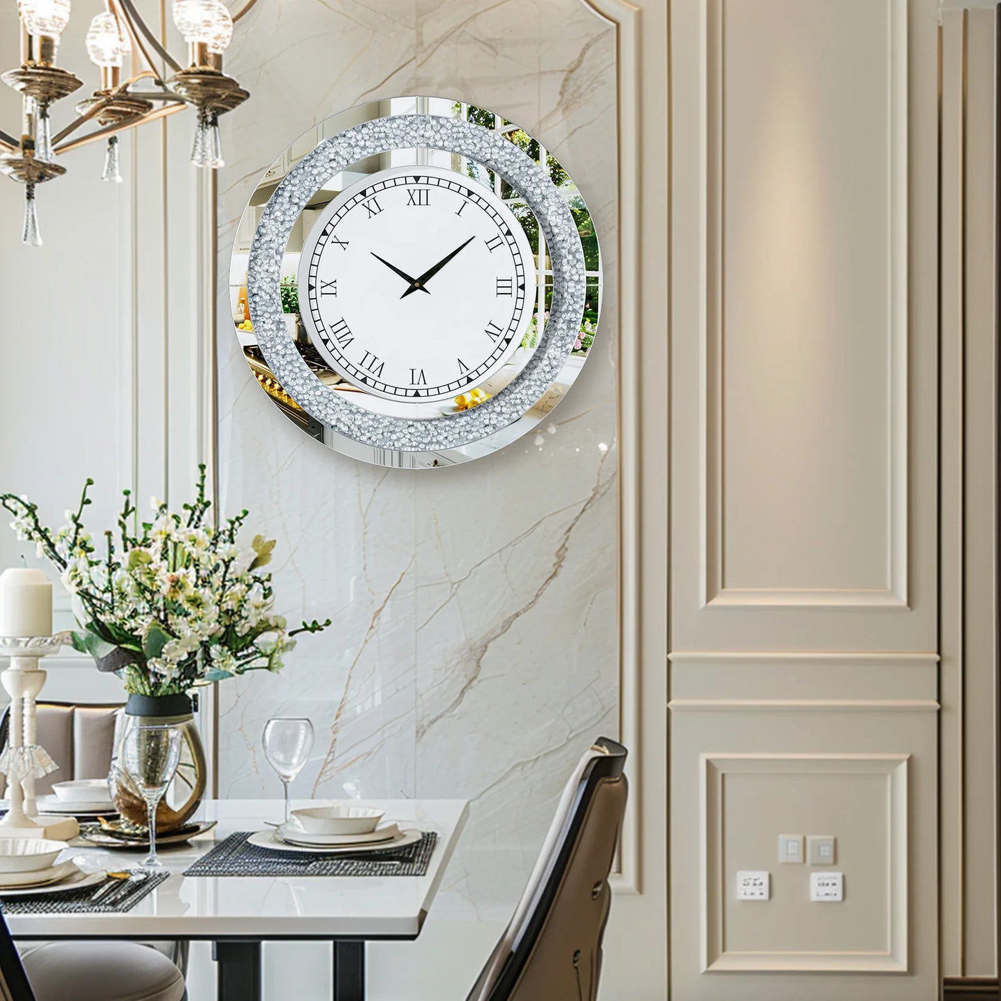 Round Mirrored Wall Clock With Crystal Accents For Living Room