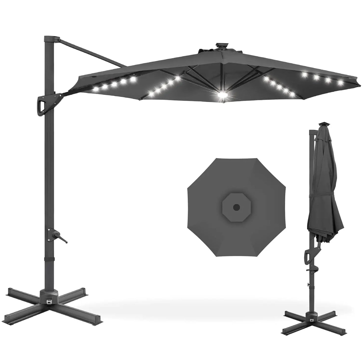 Cantilever Solar LED Patio Umbrella 360-Degree Rotation