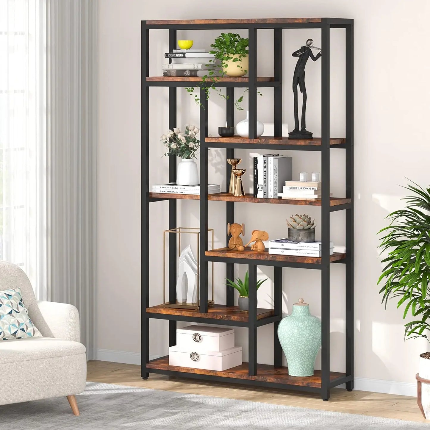 Industrial Wood Bookcase For Home Office Open Shelving Display