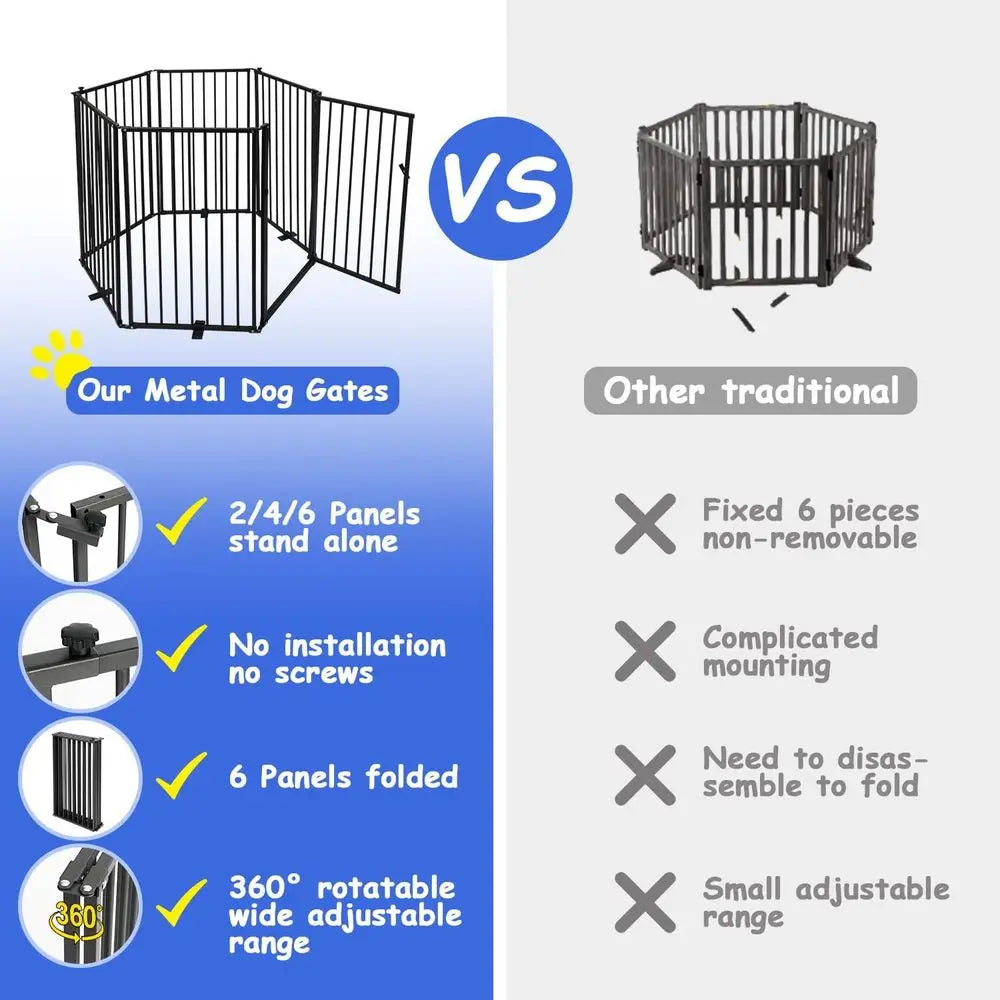 Six-Panel Metal Freestanding Dog Gate With Door And Detachable Panels
