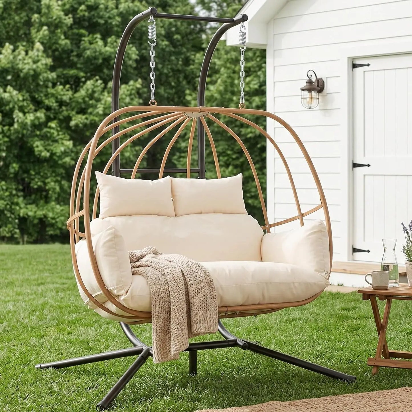 Double Egg Hanging Swing Chair With Stand And Cushions