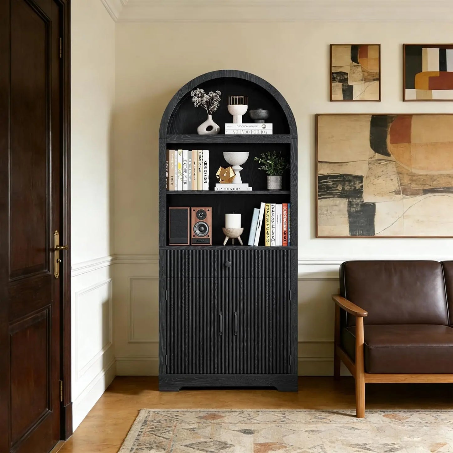 Farmhouse Arched Bookshelf 5-Tier Cabinet With Door