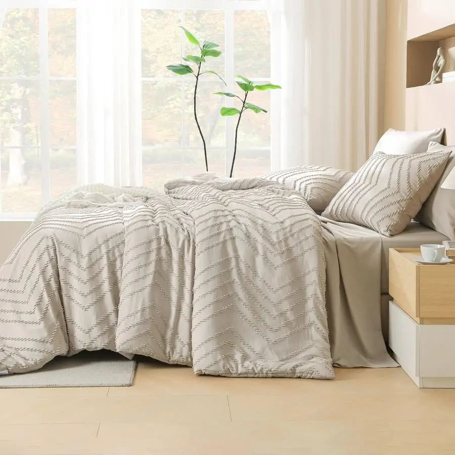 Bed In A Bag 7-Piece Comforter Set With Sheets Chevron Tufted Boho Luxury