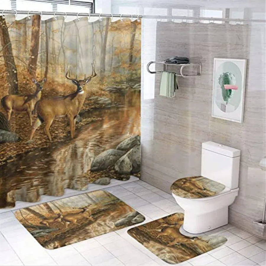 Rustic Cabin Wildlife Shower Curtain Set With Non Slip Rugs