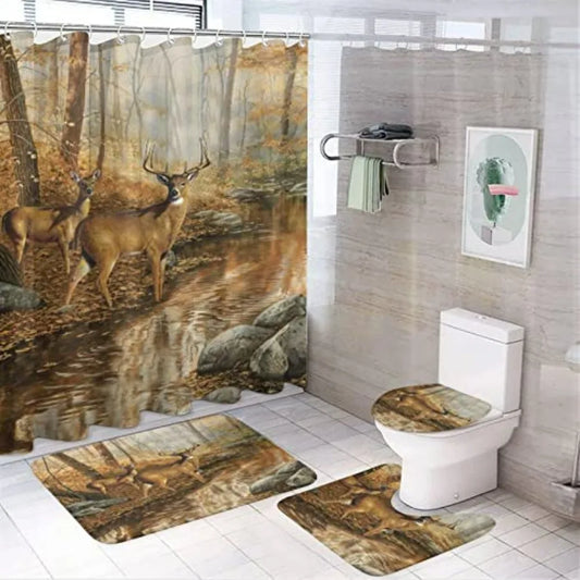 Rustic Cabin Wildlife Shower Curtain Set With Non Slip Rugs