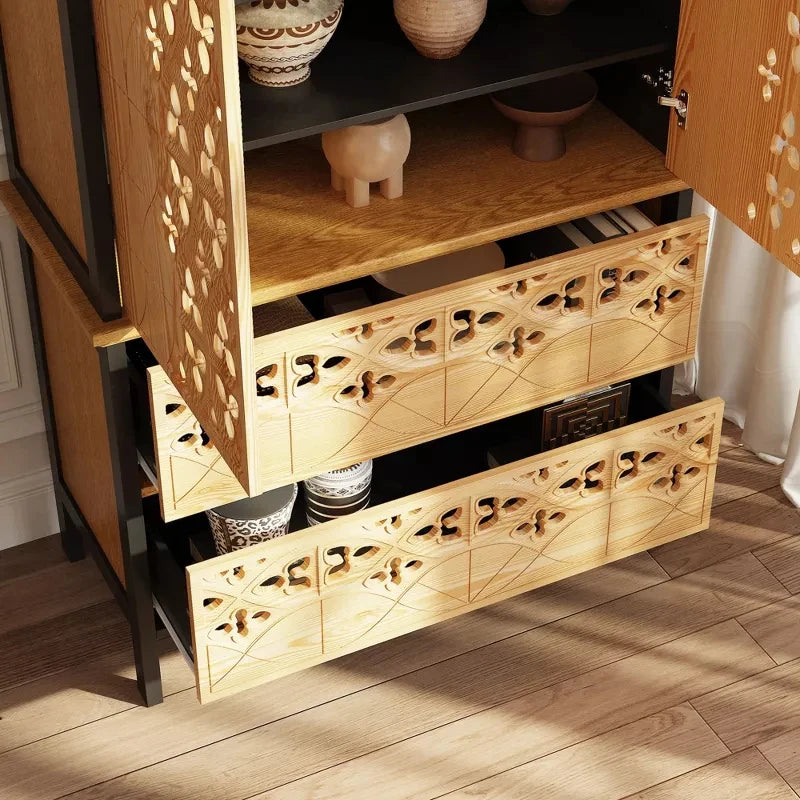 Carved Display Storage Cabinet With 2 Drawers And 6 Shelves