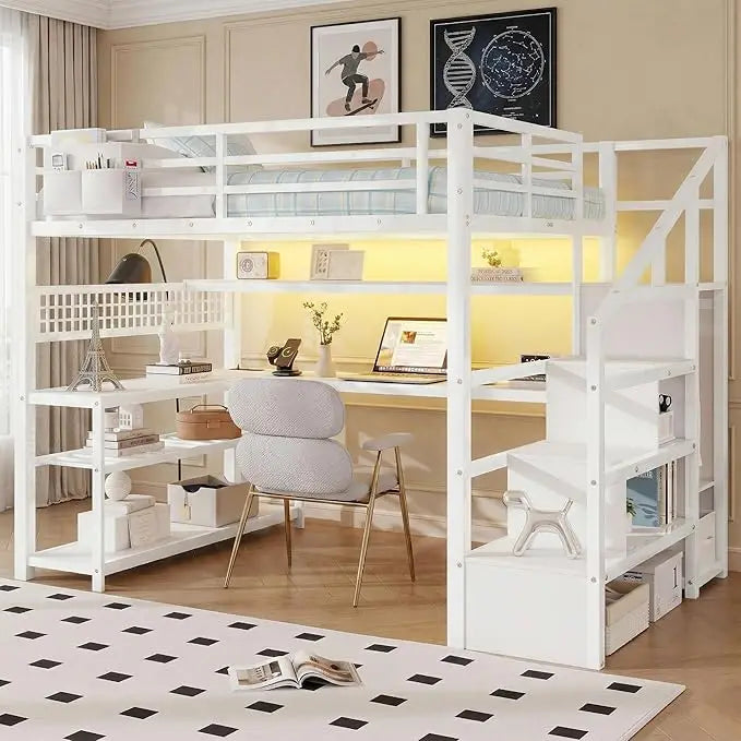 Loft Bed With Stairs And Desk Storage And Charging Station