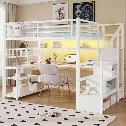 Loft Bed With Stairs And Desk Storage And Charging Station