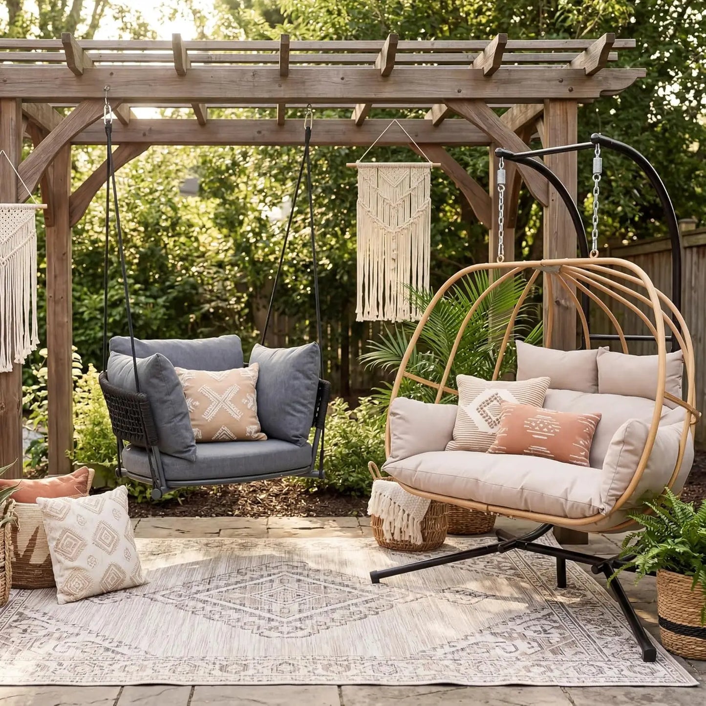Double Egg Hanging Swing Chair With Stand And Cushions