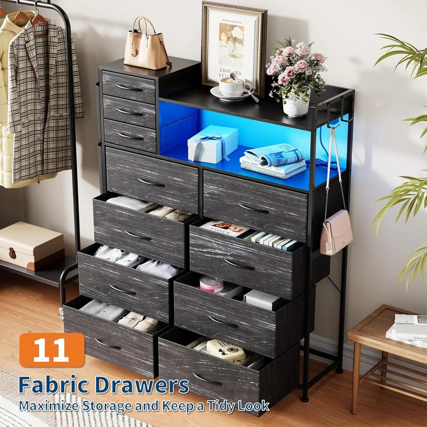 Storage Dresser With Fabric Drawers, Charging Station, LED Lights