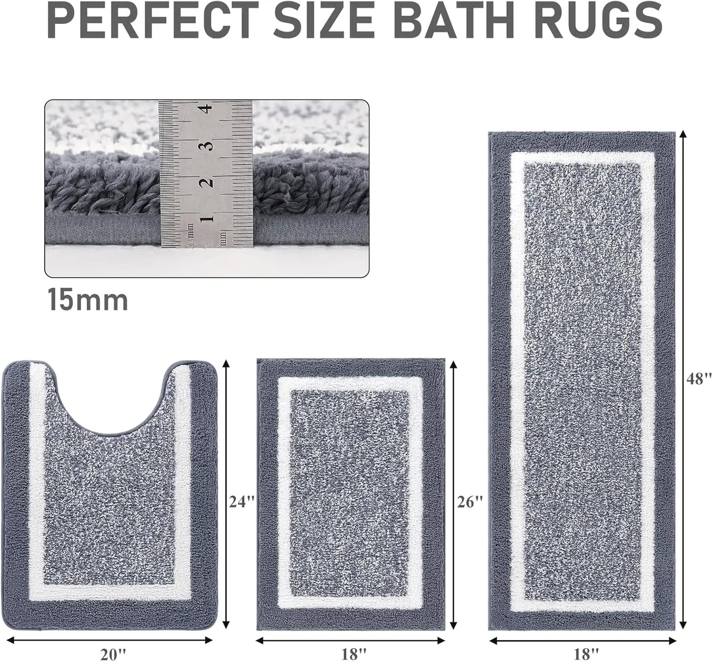 Microfiber Shag Bath Mat Set 3-Piece Non-Slip Ultra Soft
