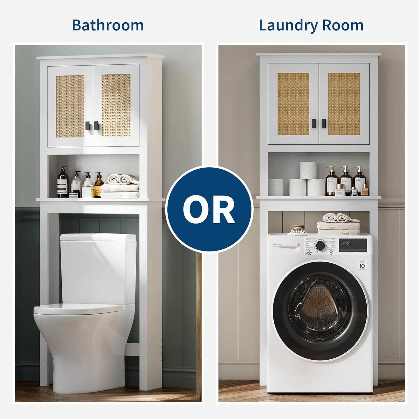 Over Toilet Storage Cabinet Natural Rattan Doors Adjustable Shelf