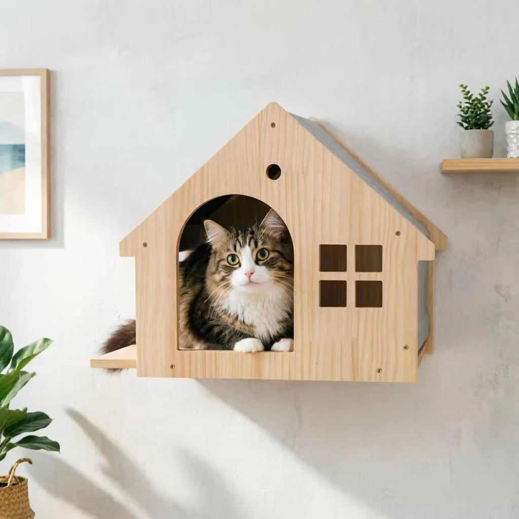 Wooden Cat Villa Wall Shelf for Sleeping and Resting