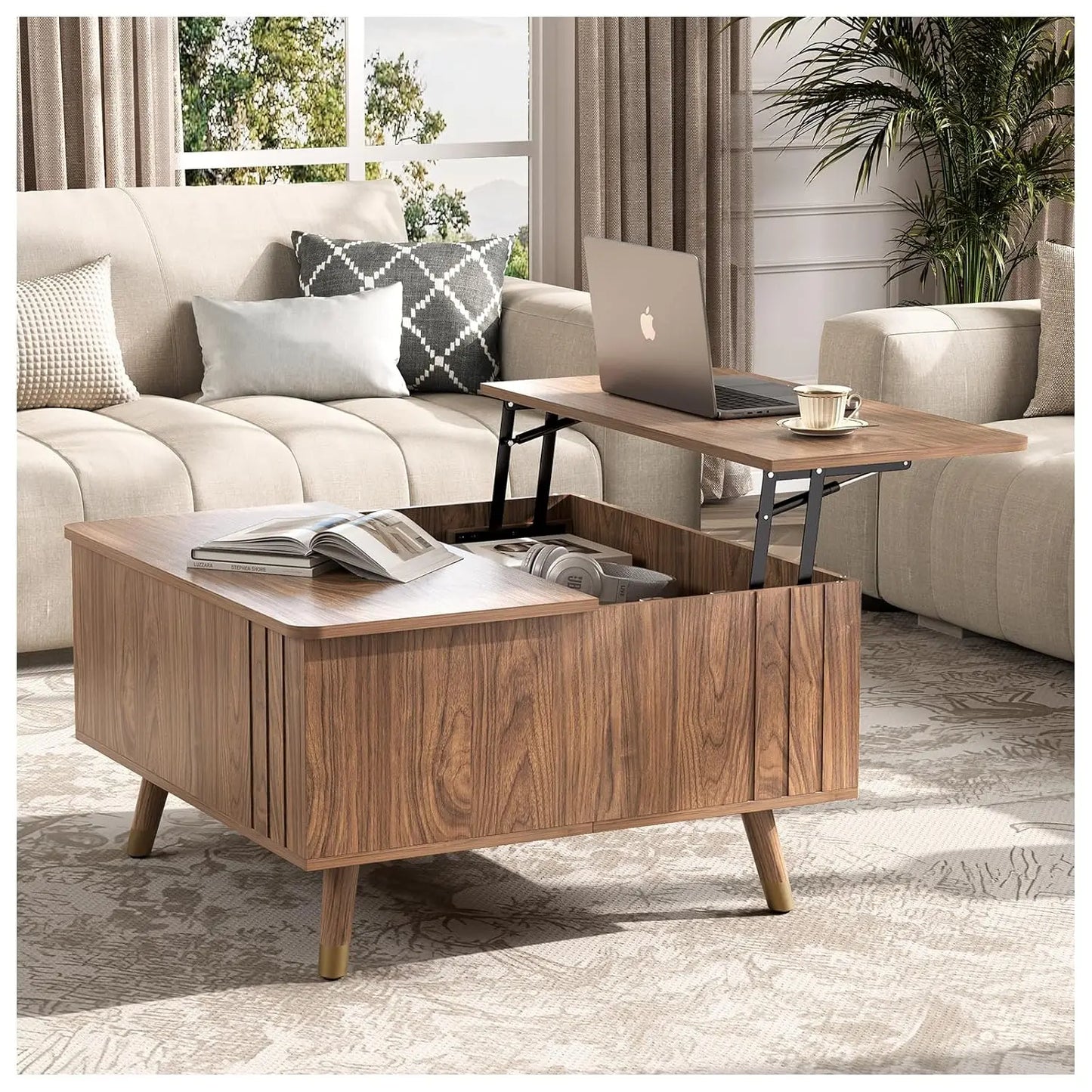 Round Coffee Table With Hidden Storage In Walnut Wood Drum