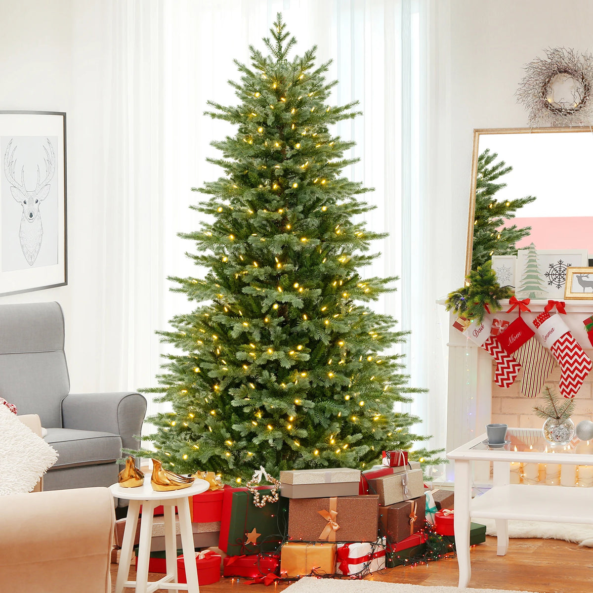 LIFEZEAL Pre Lit Hinged Artificial Christmas Spruce Tree