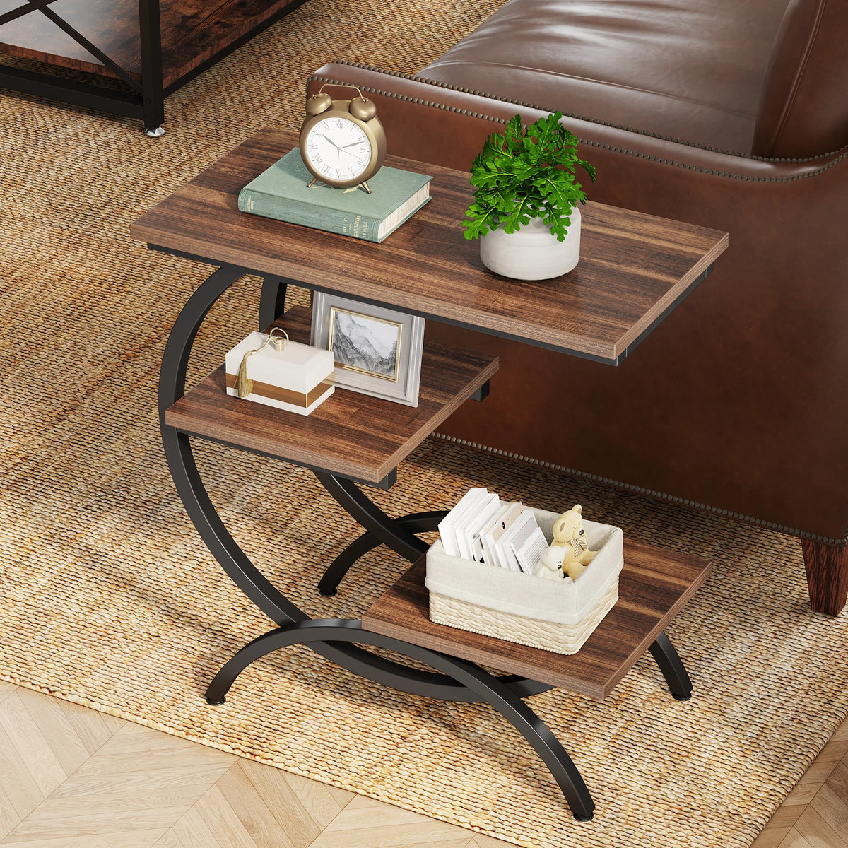 Tribesigns C Shaped Industrial End Table With Storage Shelves