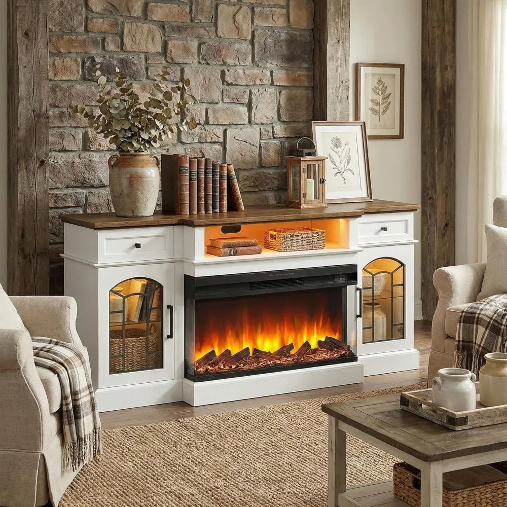 Farmhouse Fireplace TV Stand With Charging Station And Glass Panels