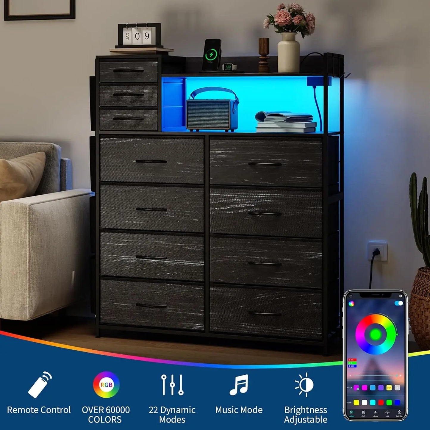 Storage Dresser With Fabric Drawers, Charging Station, LED Lights