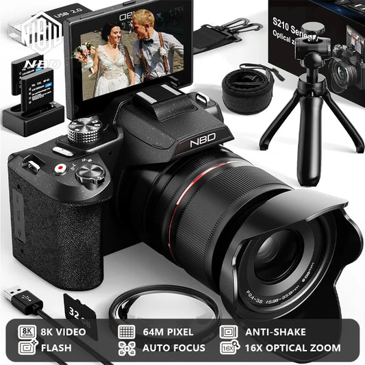NBD S210F 8K 64MP Digital Camera With Autofocus 16x Optical Zoom Flip Screen