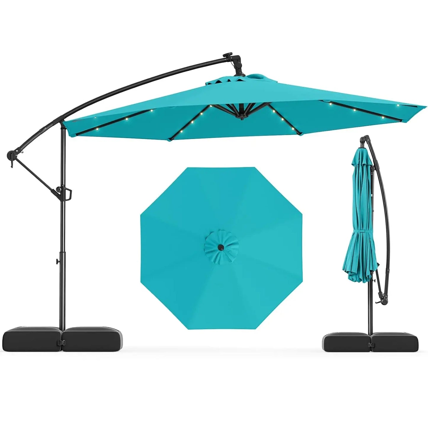 Solar Patio Cantilever Umbrella With Base And LED Lights