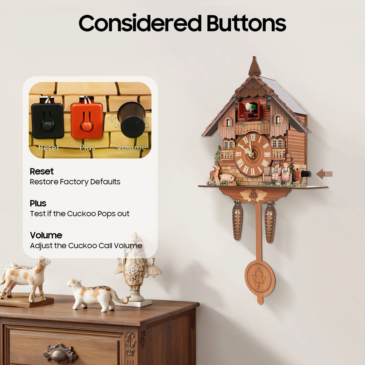 Wood Wall Cuckoo Clock With Chime And Time Scales Display