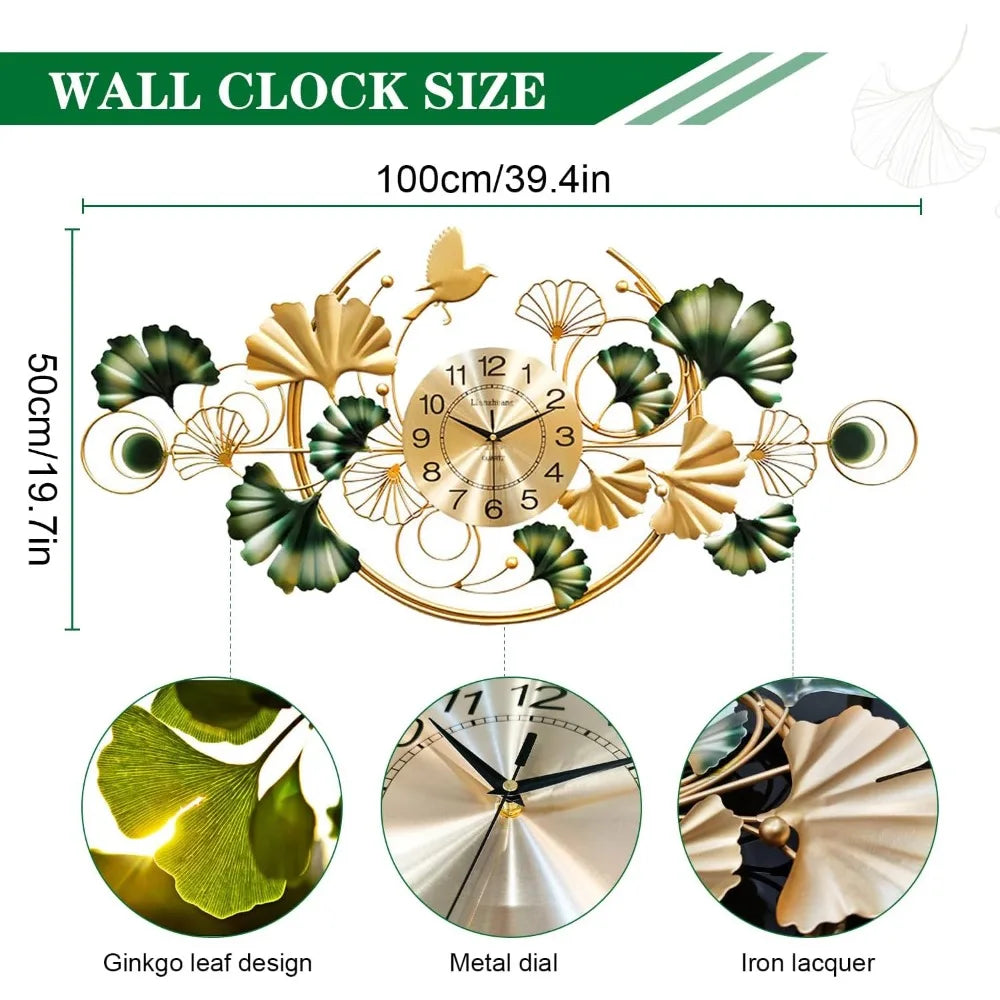3D Ginkgo Leaf Metal Wall Clock Silent Boho Decor