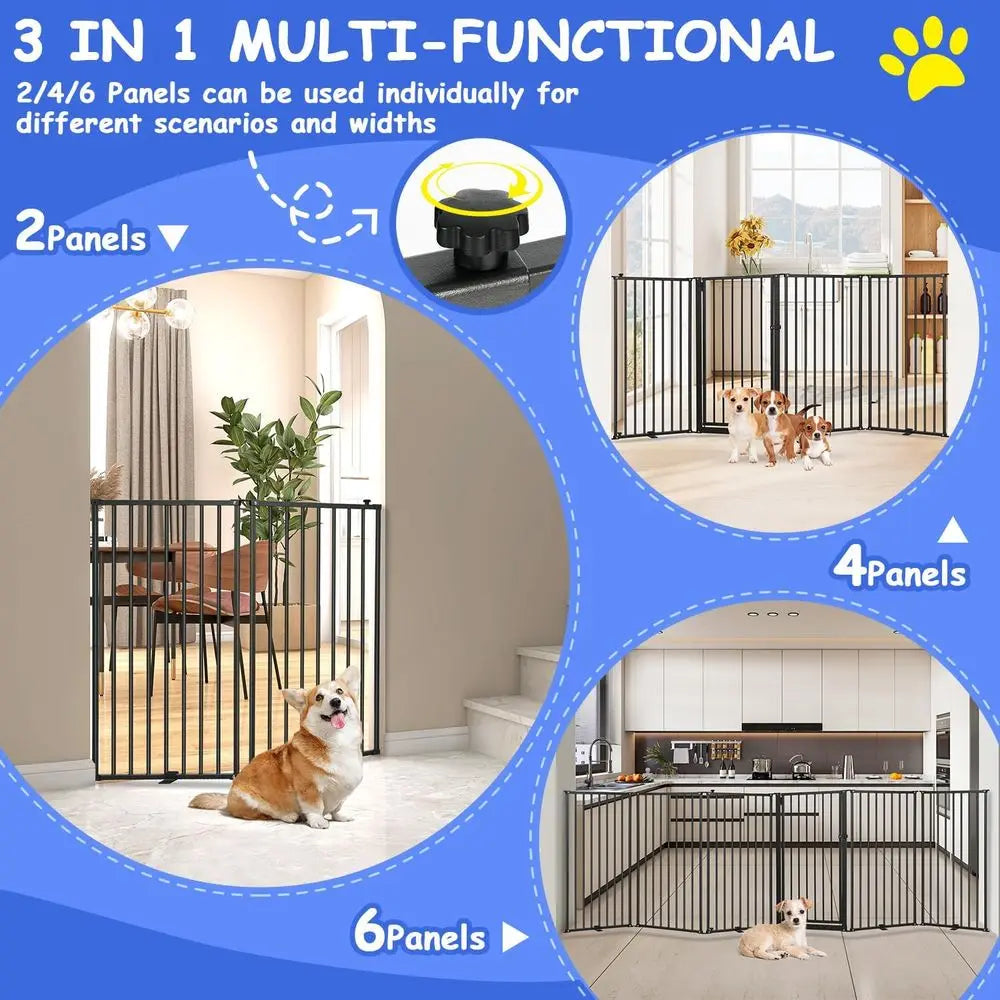 Six-Panel Metal Freestanding Dog Gate With Door And Detachable Panels