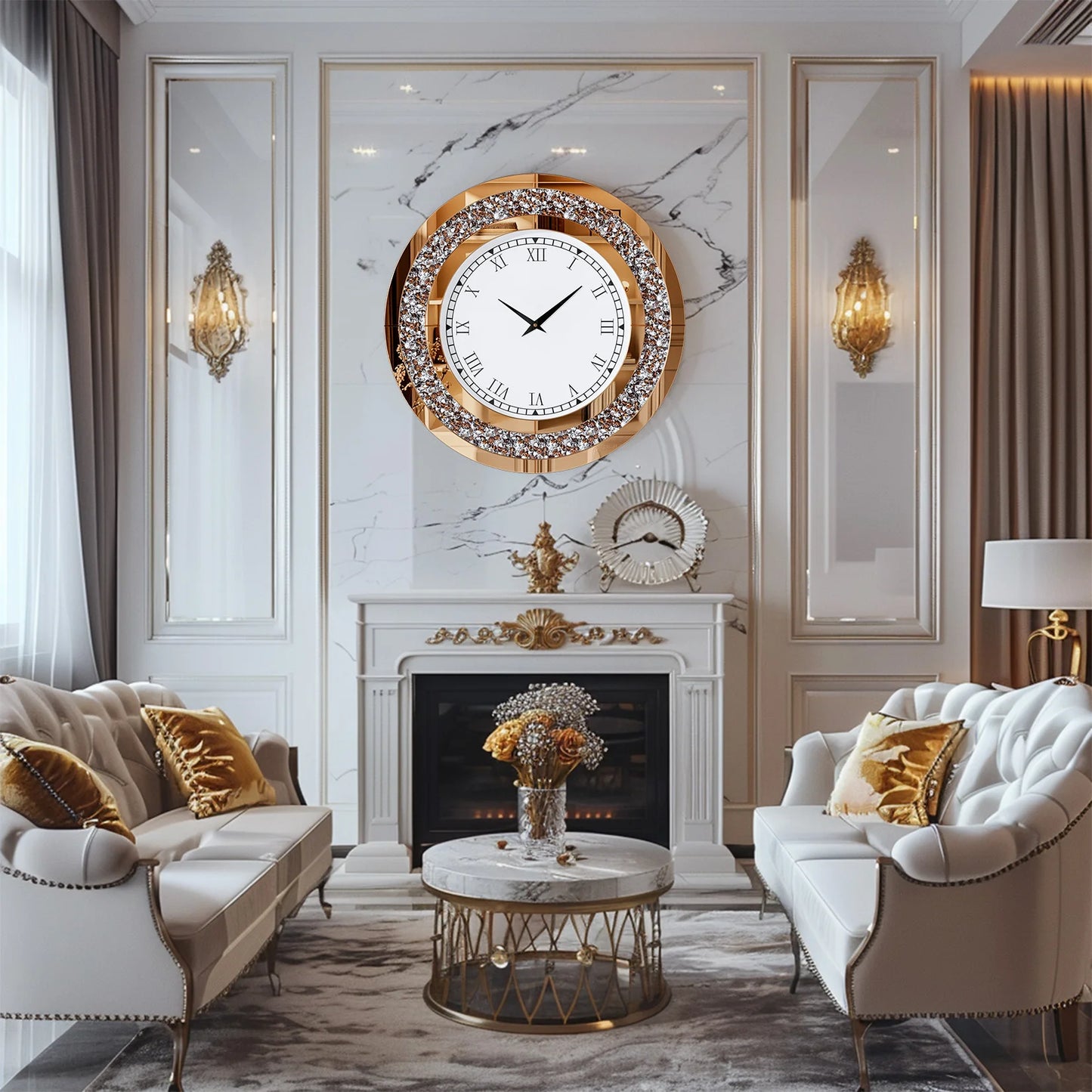 Round Mirrored Wall Clock With Crystal Accents For Living Room