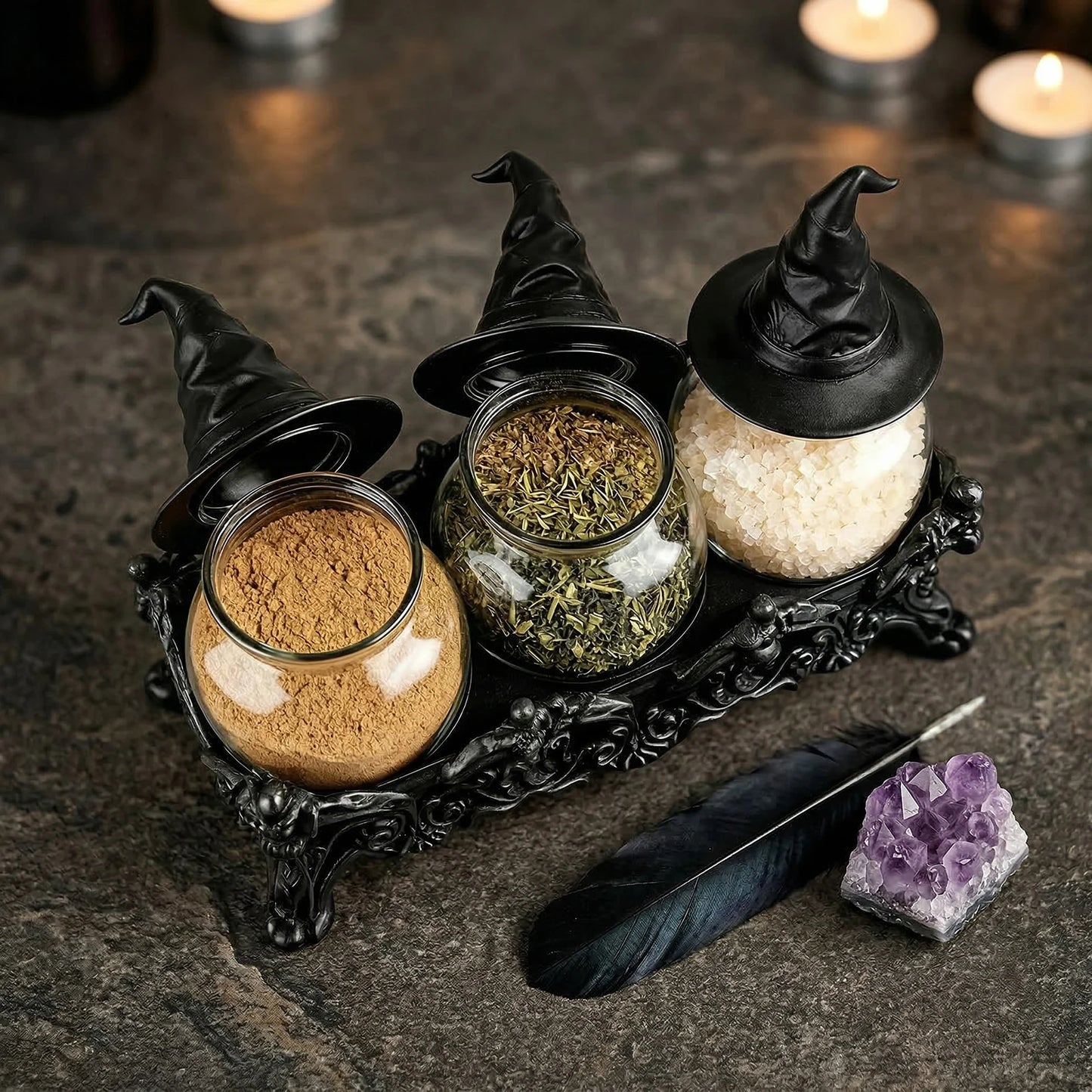 Apothecary Spice Jars Set With Witchy Hat Lids Witchcore Kitchen