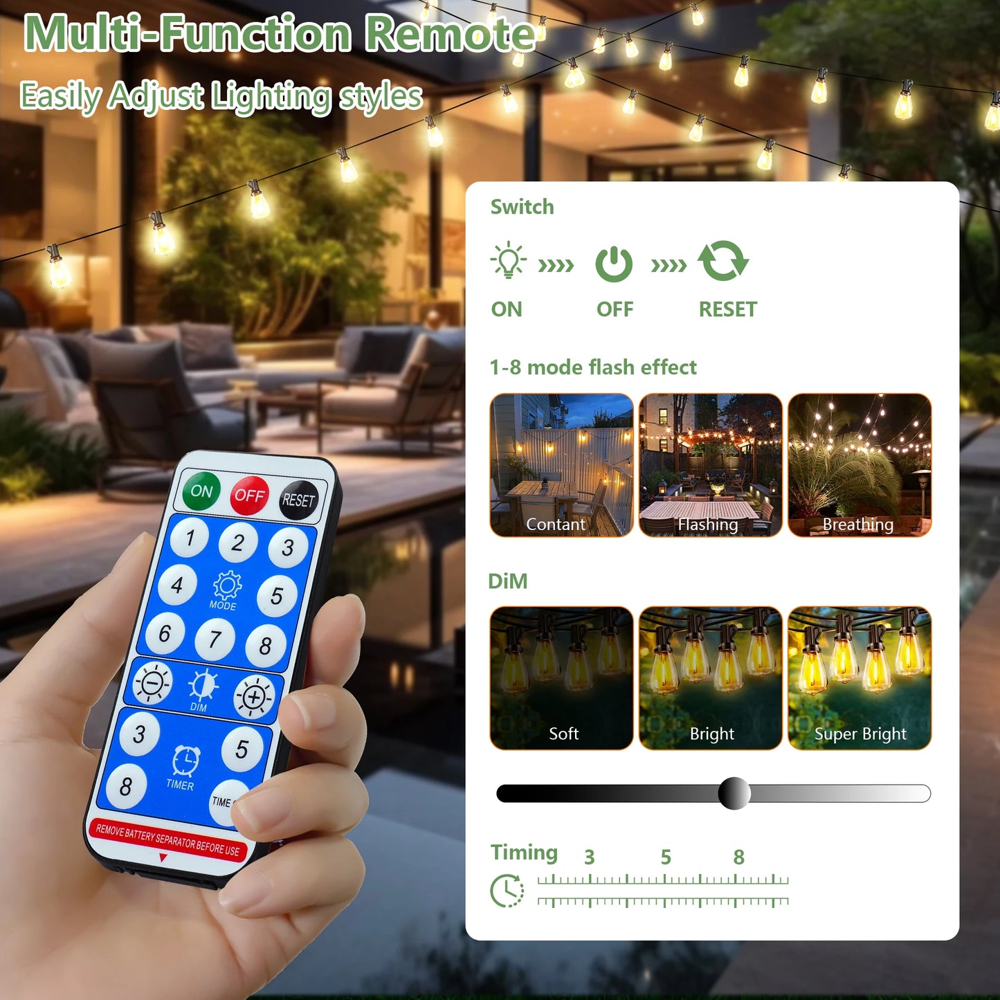 ARLGSITE Solar Outdoor String Lights IP65 Waterproof Replaceable Bulbs