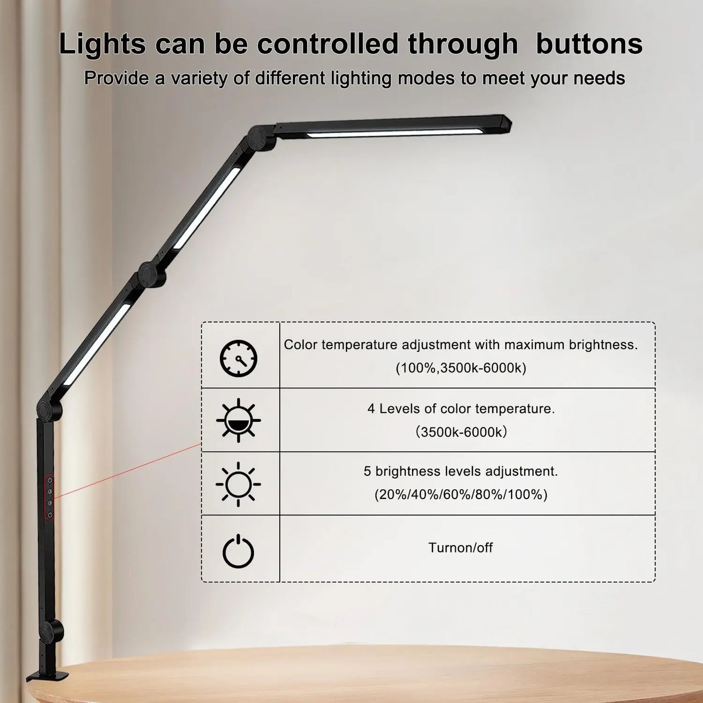 LED Desk Lamp With Clamp Flexible Swing Arm 4 Lighting Modes 5 Brightness Levels