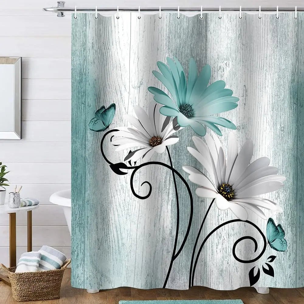 Daisy Farmhouse Shower Curtain Set With Mat And Hooks