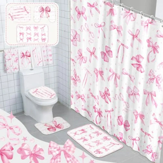 8 Piece Bow Shower Curtain Set for Bathroom Decor and Accessories