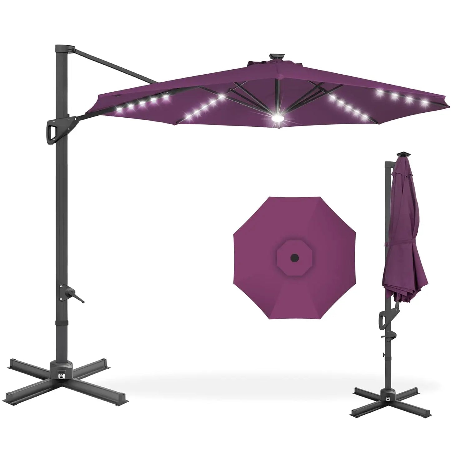 Cantilever Solar LED Patio Umbrella 360-Degree Rotation